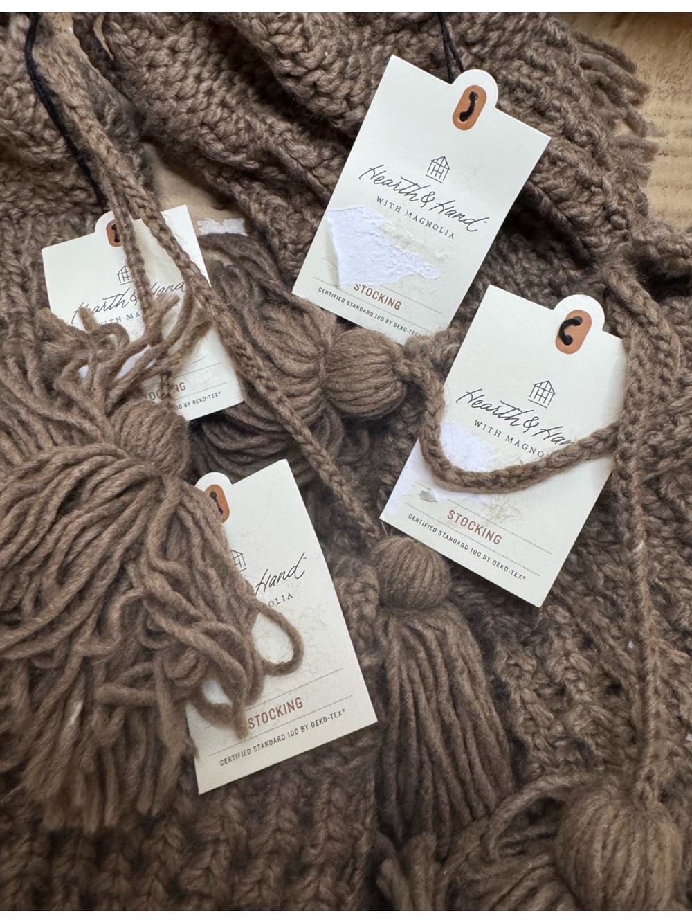 Bundle of 4- Hearth & Hand Chunky Knit Taupe Stockings with Tassels